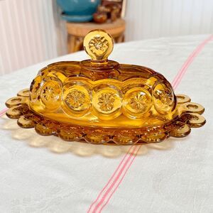 Vintage L.E. Smith Glass Moon and Stars Amber Glass Covered Butter Dishes w/Lid